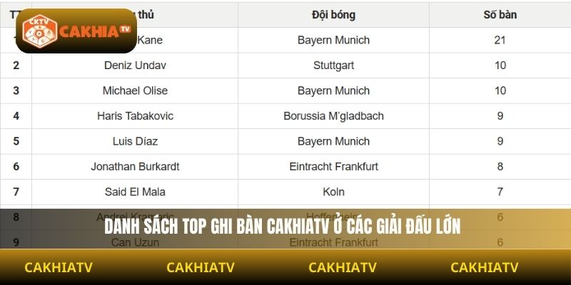 Danh sách top ghi bàn Cakhiatv ở các giải đấu lớn